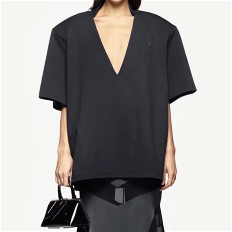 

Women's T-shirt 2023 Summer New Korean Fashion Logo Embroidery Elastic Knit Pullover Cotton Shoulder Pad Short Sleeved Top traf