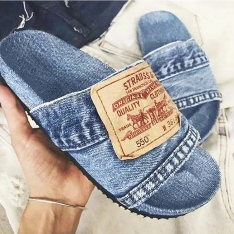 

Ladies Slippers Canvas Ladies Lace-up Ladies Open-toed New Flat-Bottom Ladies Casual Women Fashion Denim Beach Shoes