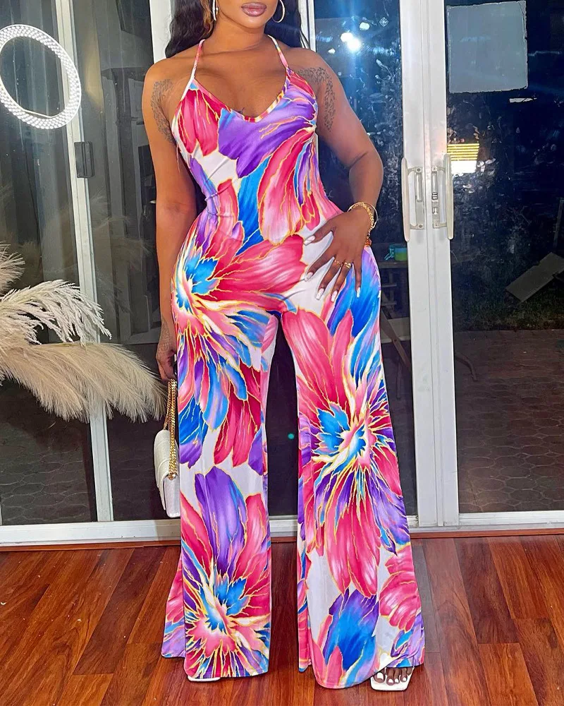 

Floral Print Halter Wide Leg Jumpsuit Women Sleeveless Spring Summer Flower High Waist Overall Pants Jumpsuits Loose