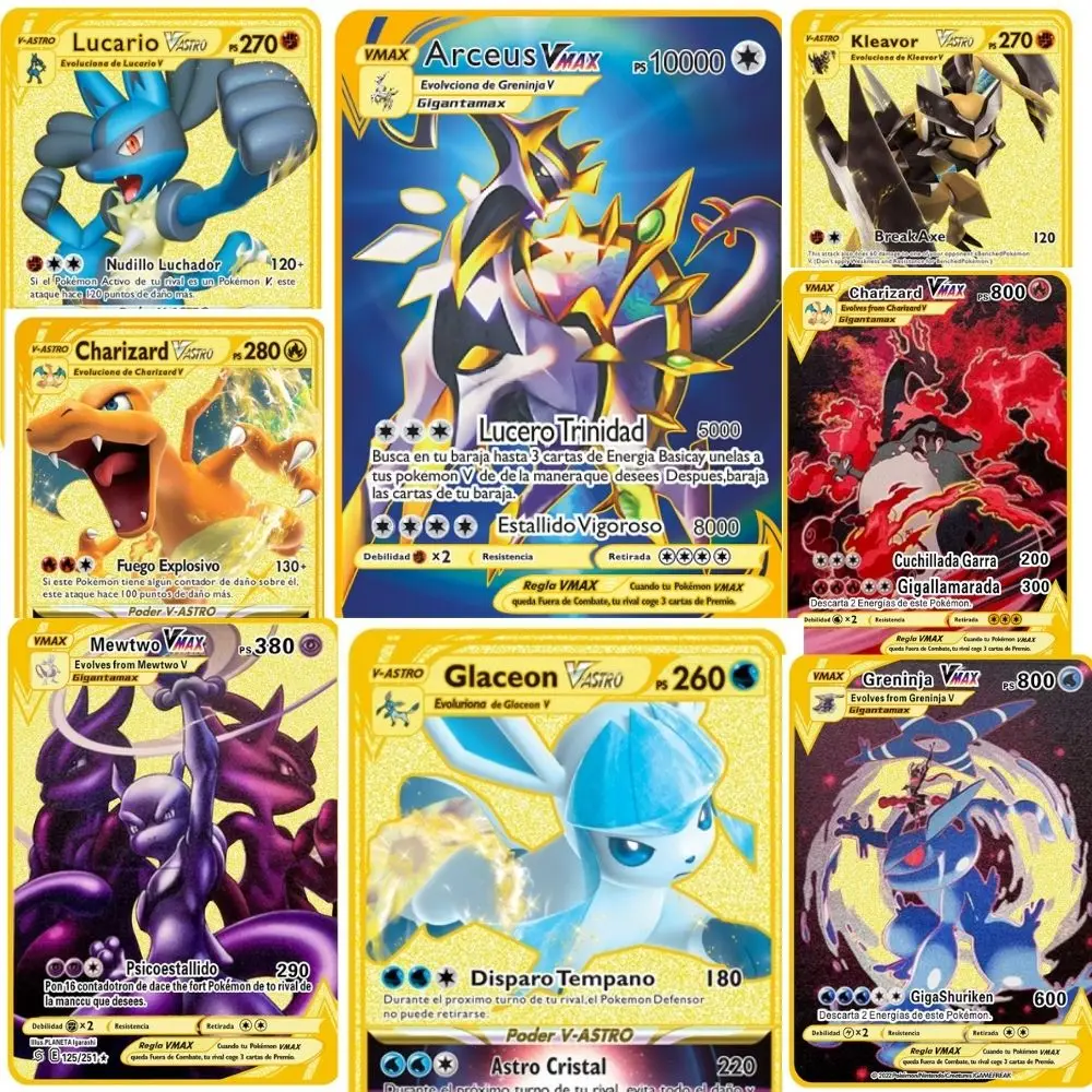 

10000ps arceus vmax pokemon cartões de metal espanhol pikachu charizard vstar dourado limitado crianças presente jogo coleção ca