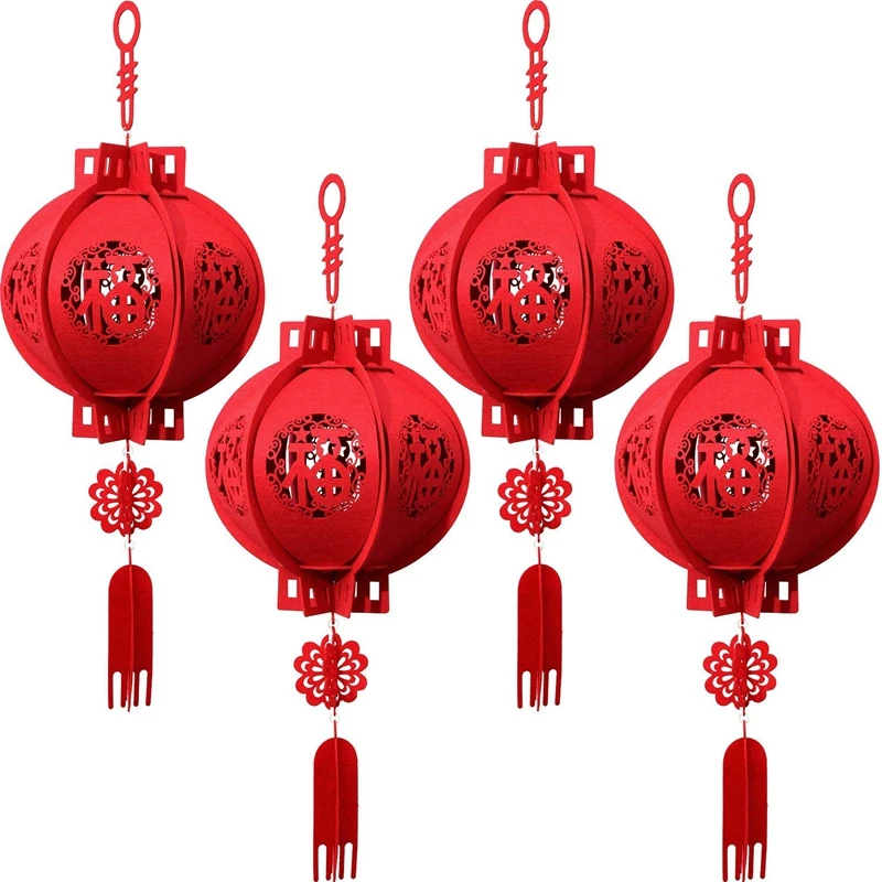 

4 Pieces Chinese New Year Lanterns Red Hanging Lanterns Red Fu 3D Puzzle Lantern For Festival Decorations