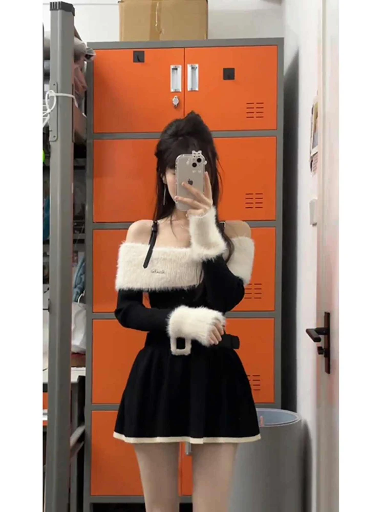 Yujie Sle Черное платье с открытыми плечами и длинными рукавами Женское