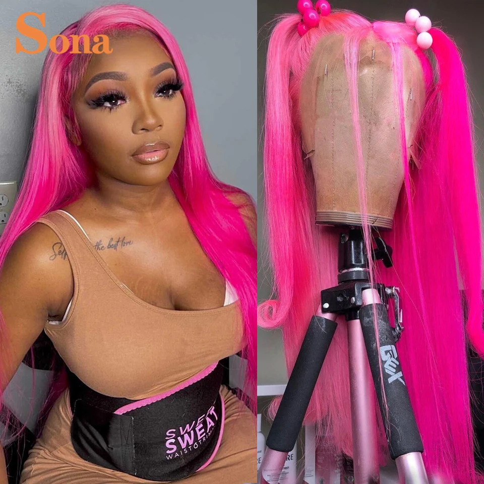 

2 Tones Pink Human Hair Wig 13X4 Ombre Blonde Lace Front Wig Transparent Lace Colored Grey Blue Green Frontal Wig For Women