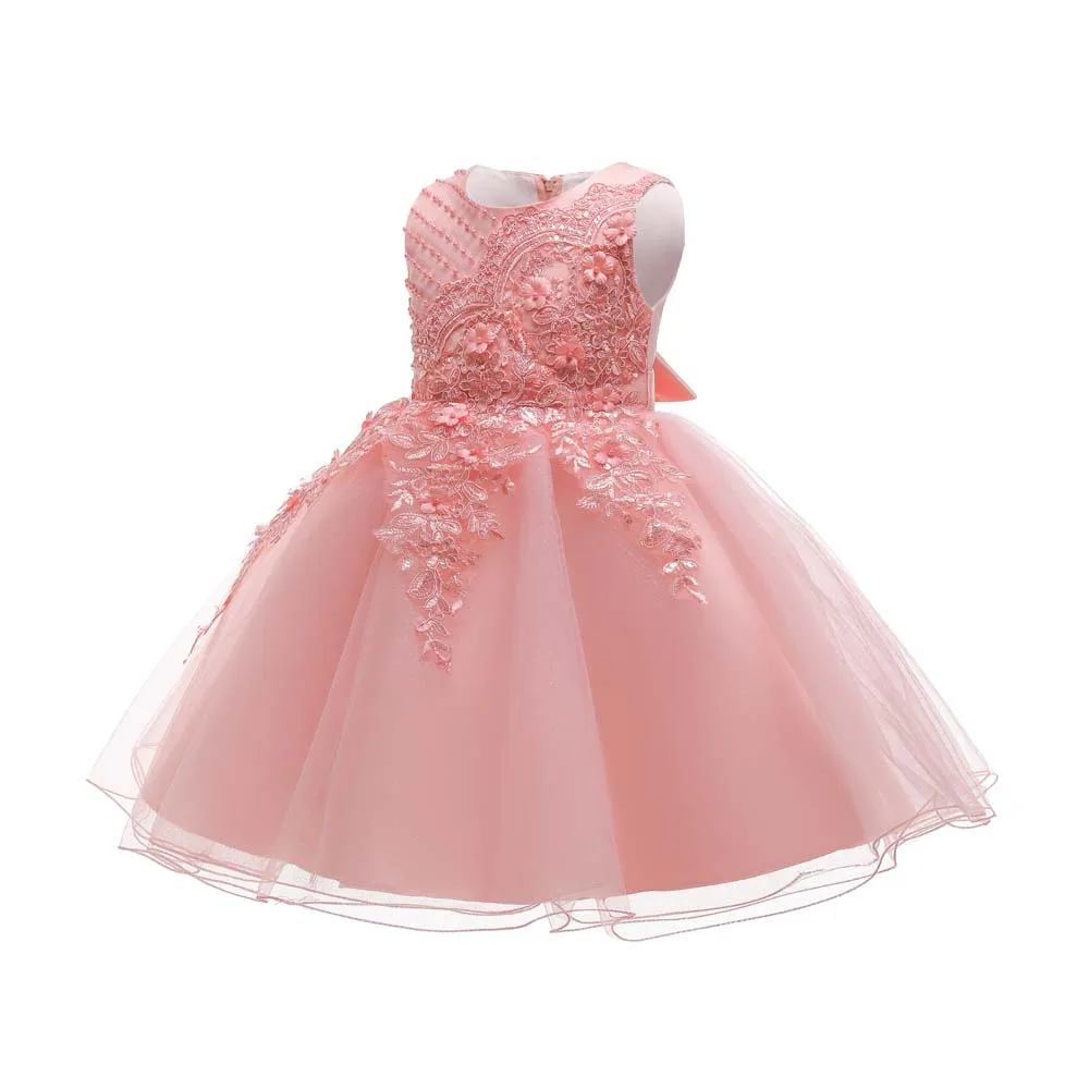 

Summer Sleeveless Elegant Kids Flower Lace Beaded Mesh Princess Girls Wedding Party Birthday Piano Performance Dress