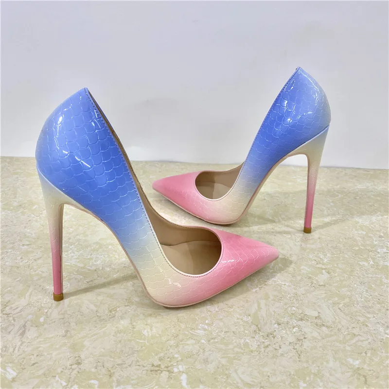 

Gradient Color Blue Pink Women High Heel Shoes Snake Pattern Leather Patchwork Party Dress Shoes 12CM Stiletto High Heels Shoes