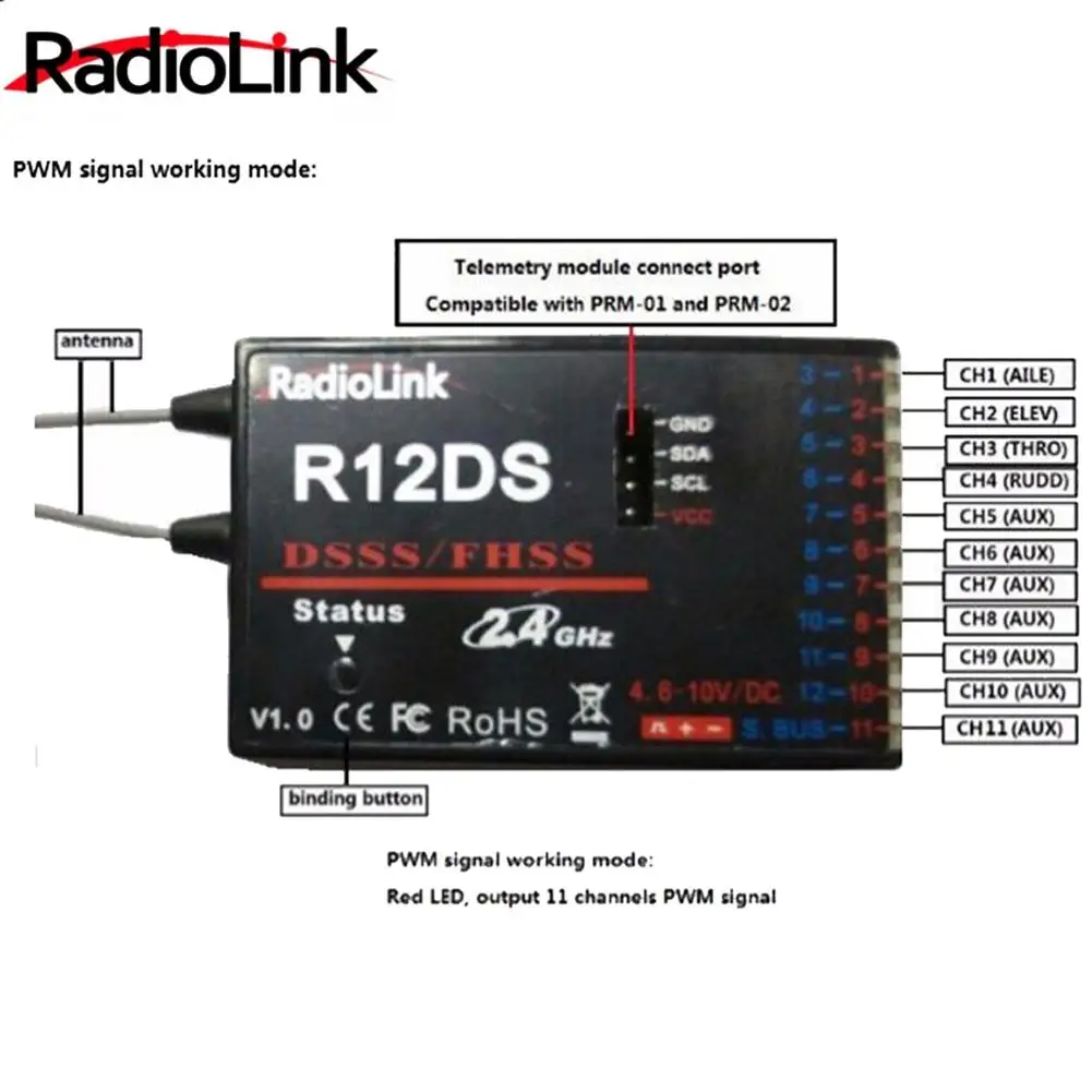 

Radiolink R12ds Receiver 12ch 12 Channel 2.4ghz For At9 At9s At10 At10 Transmitter Aircraft Aerial Photography Device Drop Ship