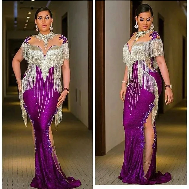 

Purple Aso Ebi African Evening Dresses Mermaid Sweetheart Appliques Long Dubai Saudi Arabic Black Girls Evening Gown Prom