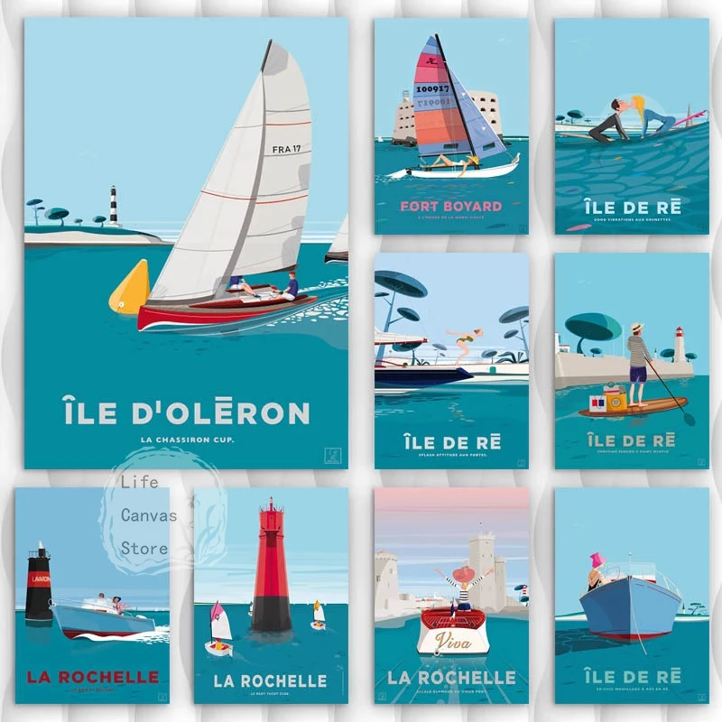 Лодки на море голубое небо манга стиль ландшафт картина настенные принты для