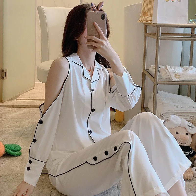 

Women's Pajamas Set Silk Like Homewear Solid Off-The-Shoulder Sleepwear Casual Ins Style Nightie 2XL Nightgown пижама женская