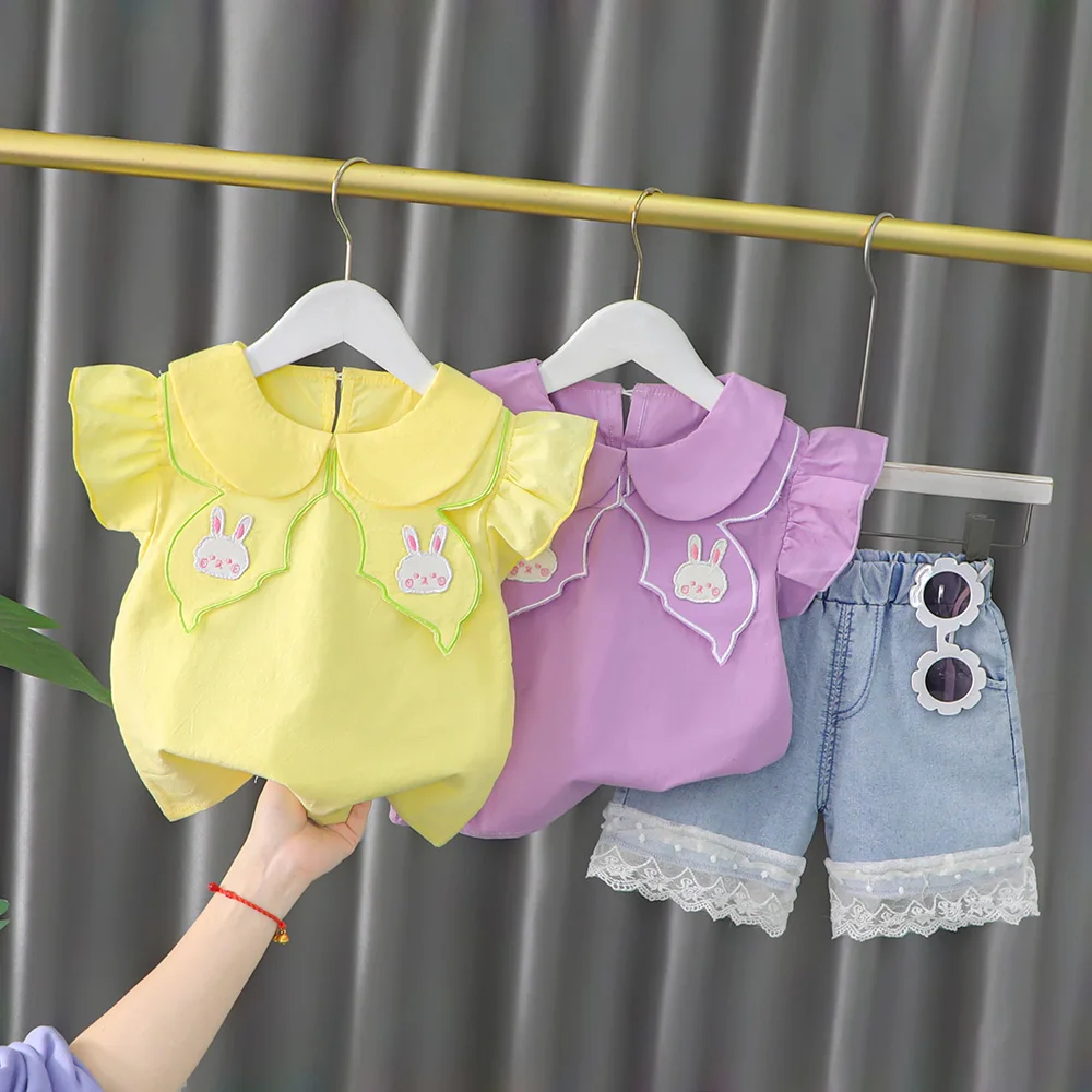 

Изысканный летний комплект одежды для маленьких девочек, детская одежда, милая рубашка с коротким рукавом и джинсы, хлопковый костюм одежды...