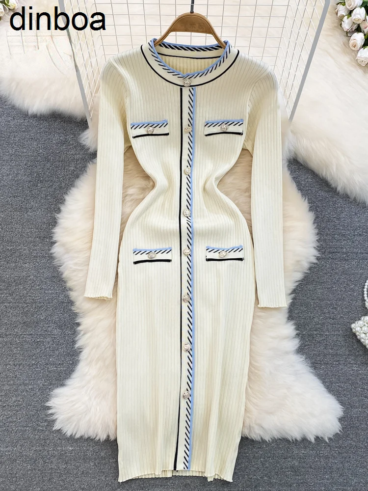 

Dinboa-2022knit Long Sleeve Women Dress o Neck Bodycon Striped Button French Retro Female Y2k Winter Dresses Fashion Linen Dress
