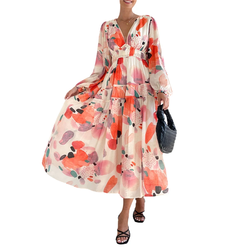 

Boho Dress Women Fashion Floral Print V Neck Smocked Flowy Dress Chiffon Swing Long Dresses Beach Tiered Sundress Party Clubwear