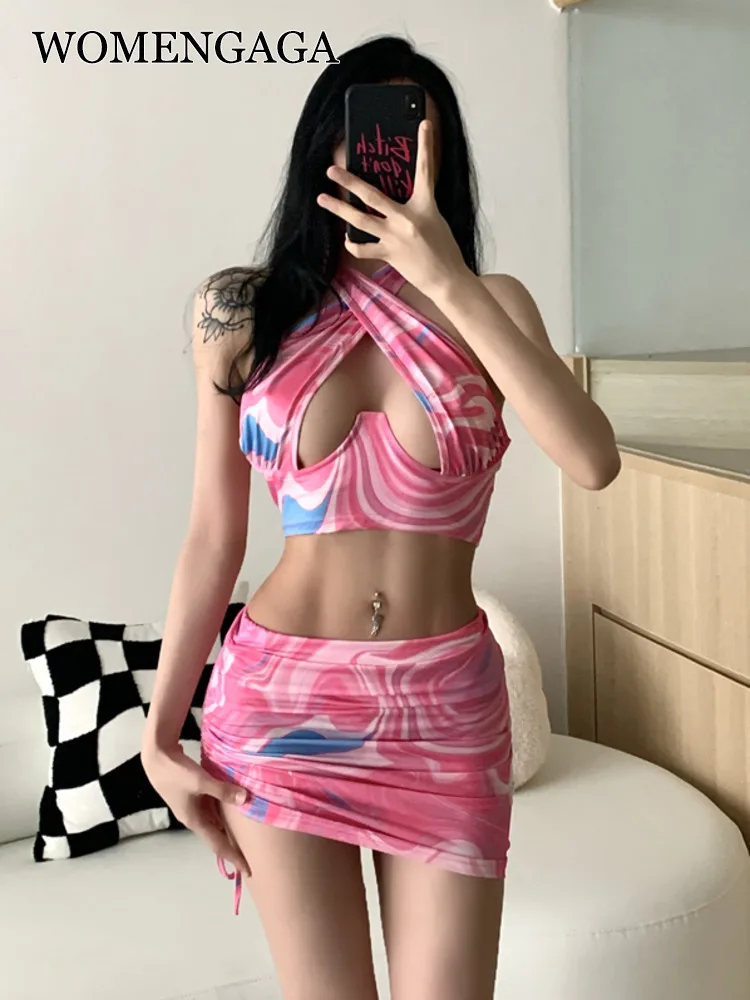 

Женский костюм с воротником GAGA, Лидер продаж, платье-майка из двух предметов, розовая новая ажурная мини-юбка с запахом на груди, корейский т...