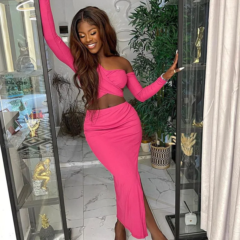 

European and American Style Sexy Wrap-chest Strapless Long-sleeved Slit Skirt 2022 Autumn and Winter Fashion Casual Suit