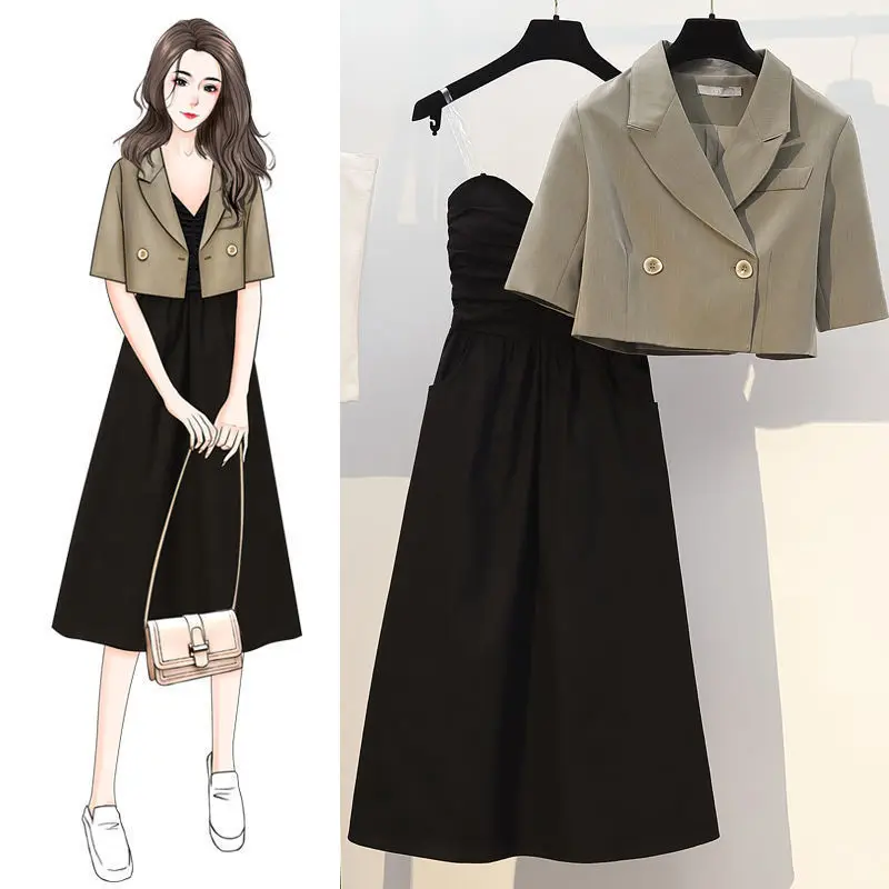 

Women 2022 Summer New 2 Piece Set Female Temperament Suit Collar Short Sleeve Button Crop Coat +sling Dress Fashion Sets O47