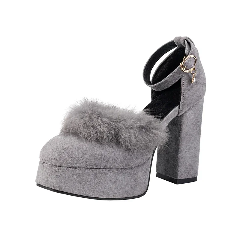 Женские замшевые туфли на меху высоком каблуке женские сандалии новинка зимы 2025