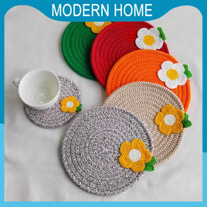

Cute Small Flower Placemat Spring Ins Table Decoration Table Mat Handmade Round Bowl Mat Cotton Rope Woven Mat Insulated Cup Mat