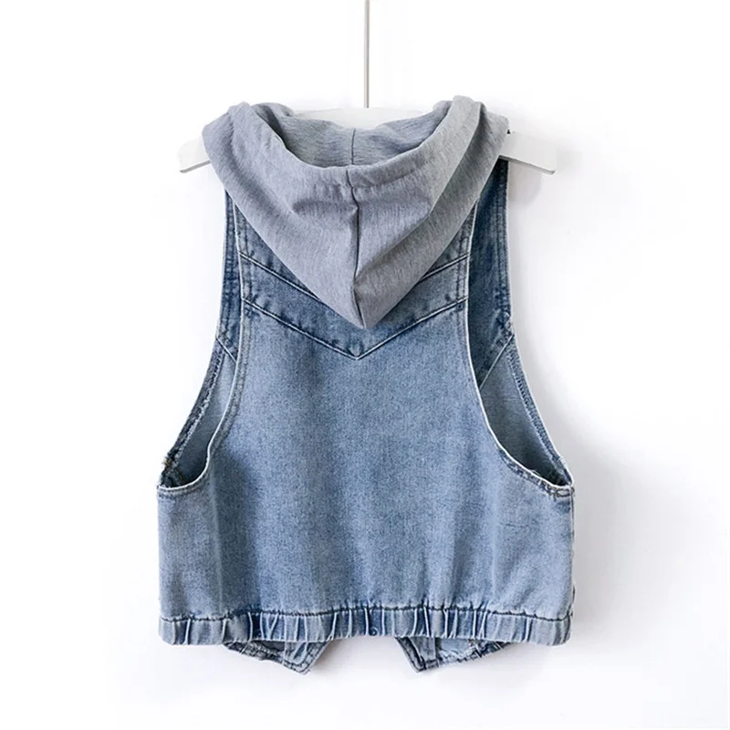 

Hooded Removable Denim Vest Women Vintage Blue Slim Short Waistcoat Cowboy Sleeveless Jacket Coat Big Pocket Jeans Vests Female