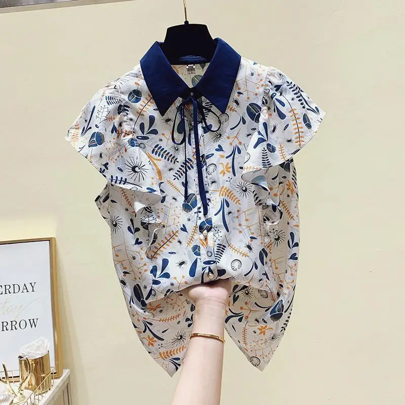 

Женская блузка с цветочным принтом, летняя шифоновая рубашка с отложным воротником, бантом и оборками, модные офисные топы в Корейском стил...