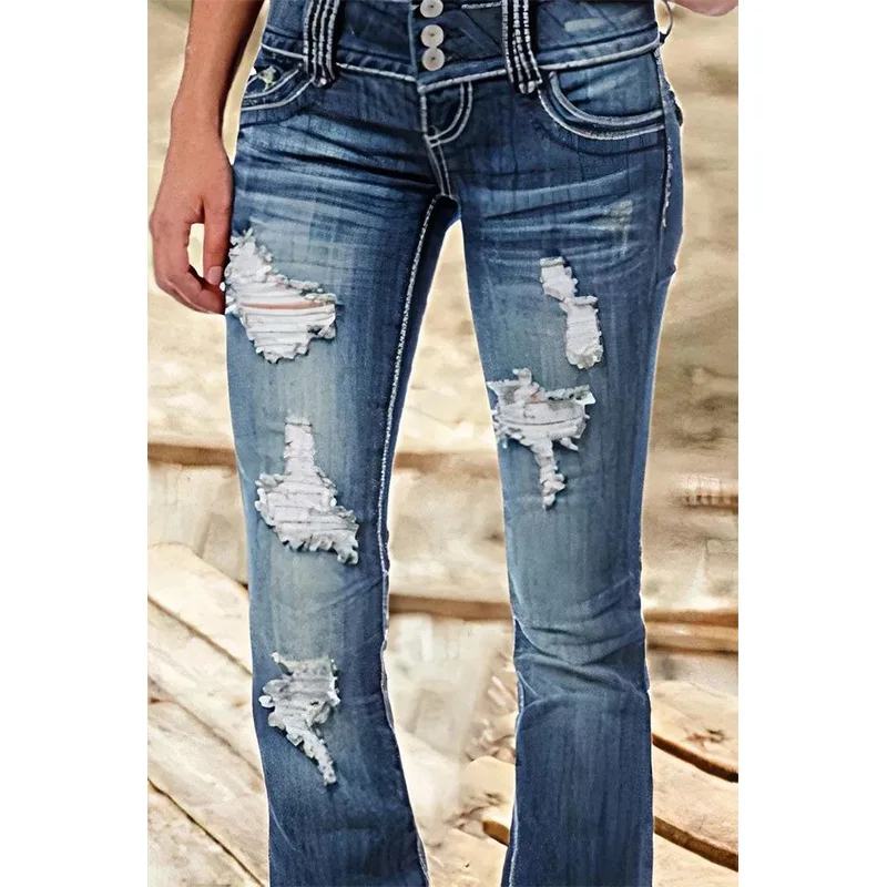 Mid Waist Flared Jeans Women Button Casual Straight Leg Pants New 2023 Summer Pocket Hole Female Loose Office Lady Slim Pants