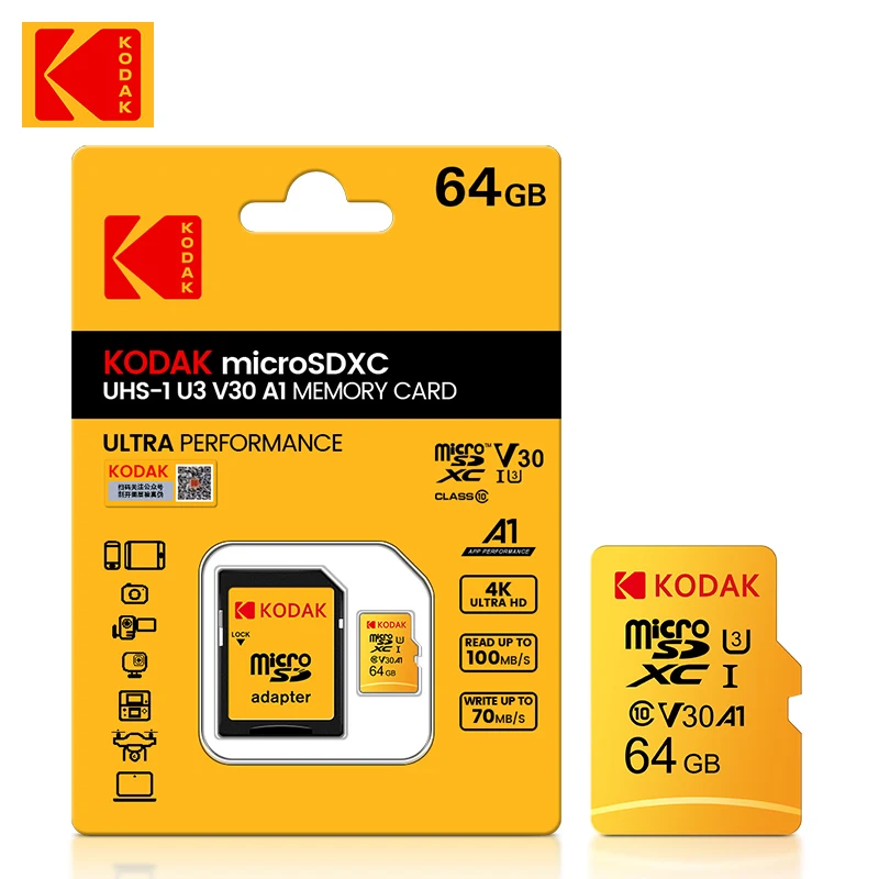 

100pcs Original Kodak Memory Micro SD Card 64GB High Speed TF Flash Memory Cards U3 A1 V30 Class 10 SD Adapter Free Shipping