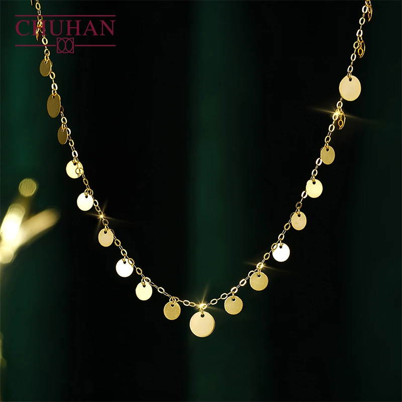 CHUHAN-gargantilla de oro de 18K auténtico para mujer, collar de longitud AU750, cadena de clavícula ajustable, escamas de oro redondas brillantes, regalos, joyería fina