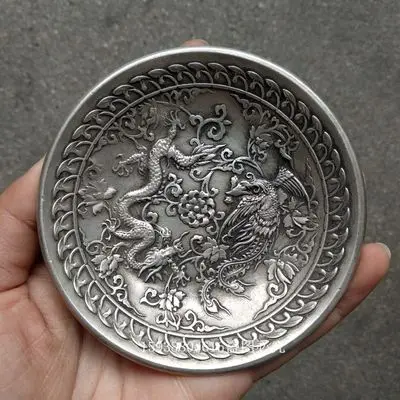 

Exquisite antique white copper dragon and phoenix plate Xuan word bottom ornament