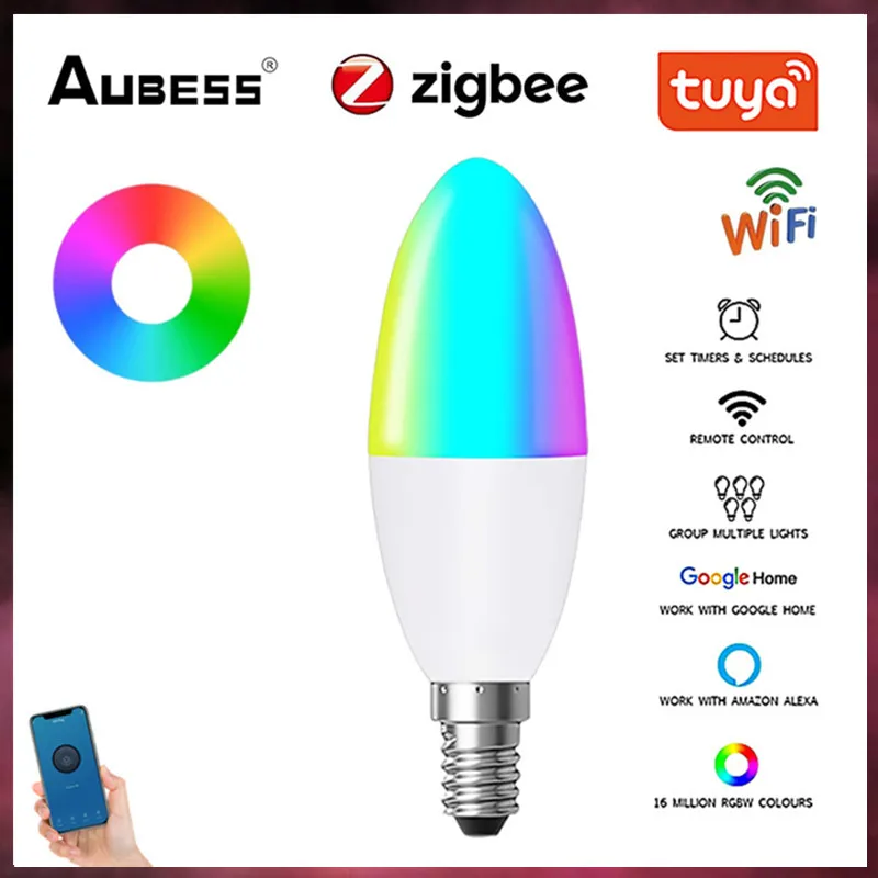 

Умная светодиодная лампочка Tuya Zigbee 3,0, лампочка для свечи с дистанционным управлением через приложение RGB + W + C, лампочка с регулируемой ярко...