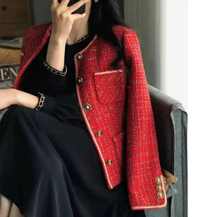 

Женский твидовый пиджак, красный однобортный пиджак свободного покроя с круглым вырезом, элегантный пиджак в Корейском стиле для осени и зимы