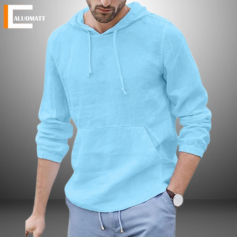 

Men's Hoodies Autumn Hooded Solid Cotton Linen Long Sleeve Sweatshirt Men Tops Casual Loose Breathable Sports Male Sweatshirts
