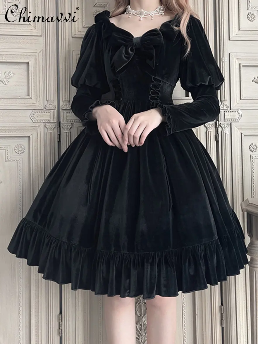 

New Lolita Velvet Cake Dress for Women 2023 Spring and Autumn Fashion Vintage Slim-Fit Graceful Long Sleeve Knee-Length Dress