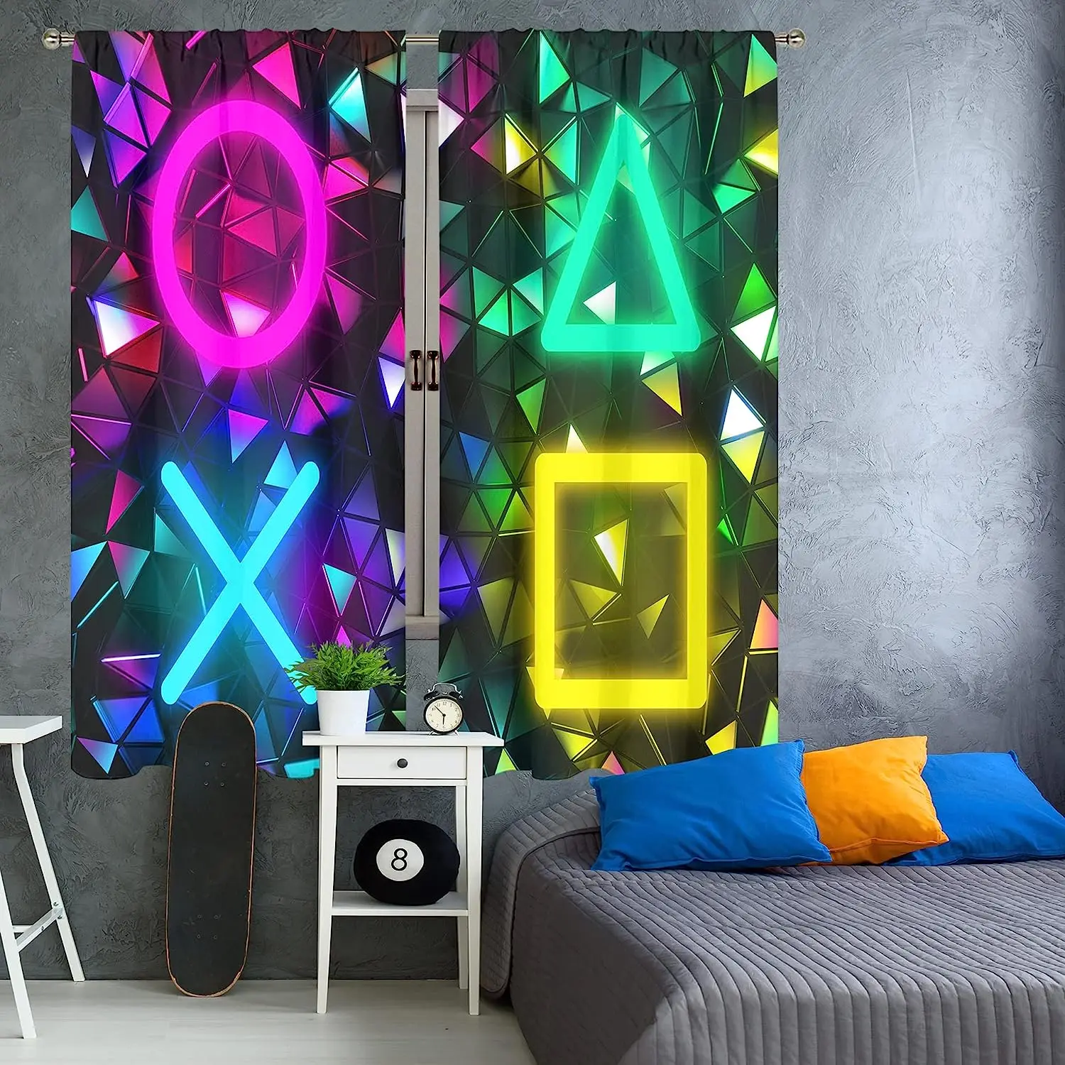

Boys Video Games Geometric Fluorescence Gamer Window Curtains for Men Kids Teens Printed Living Room Window Treatment