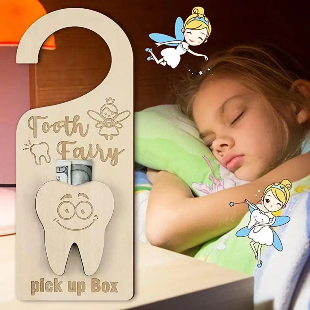 

Teeth Pick Up Box Burr-free Cartoon Teeth Decor Letter Curved Hanging Bedroom Decoration Wooden Fairy Print Teeth Box Kids Gift