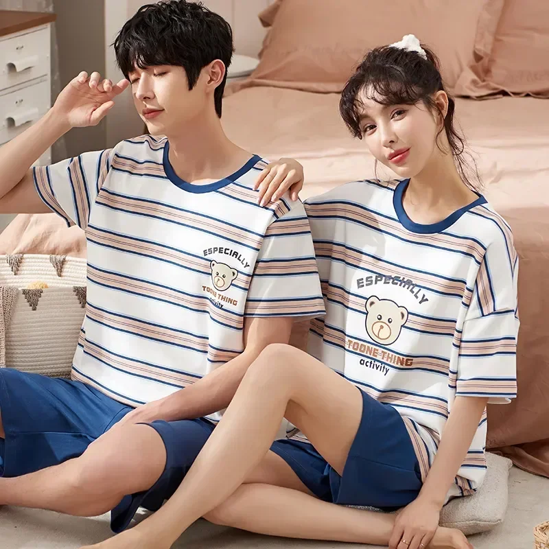 

Пижама хлопковая с коротким рукавом для мужчин и женщин, комплект для дома и отдыха, ночная рубашка с мультяшным принтом, комплект для сна