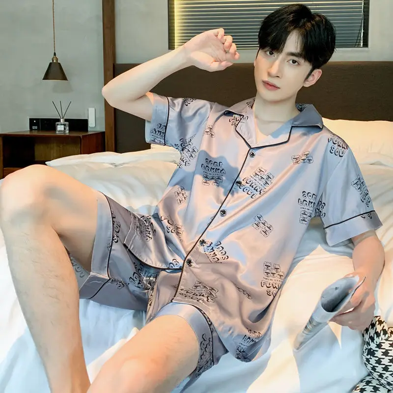 Pajamas men's summer ice silk short sleeve summer men's thin silk teen cartoon school loungewear set