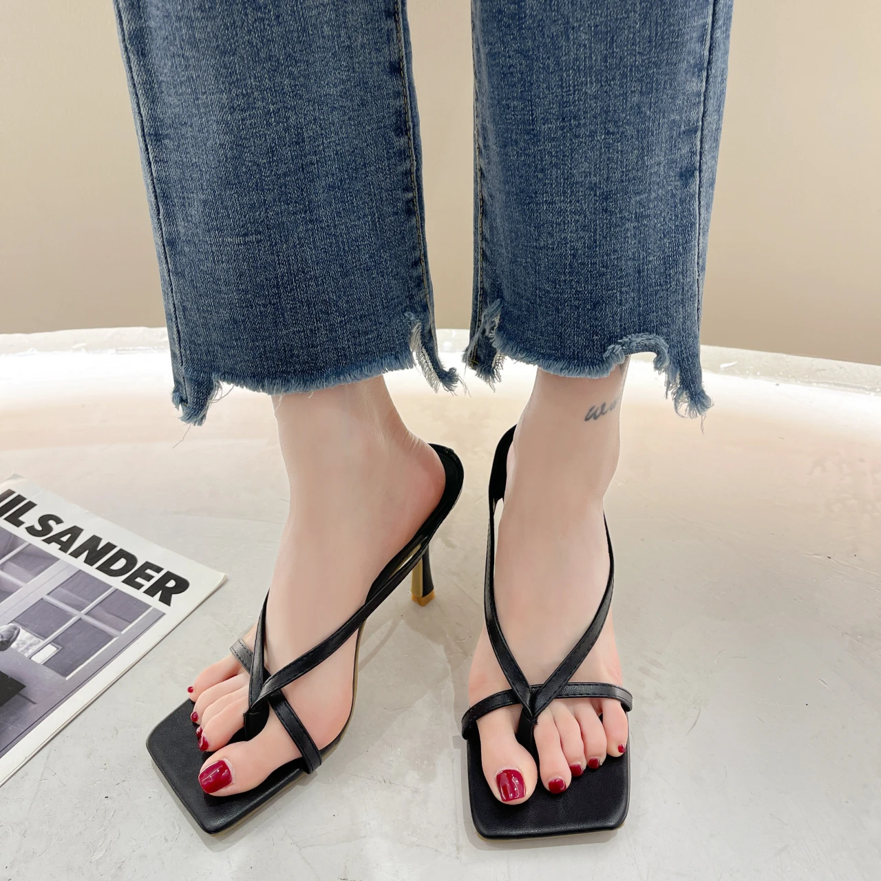 

Women's Slippers New Slipper High Heels Shoes Fall Best Street Look Females Square Head Open Toe Clip-On Strappy Sandals Women