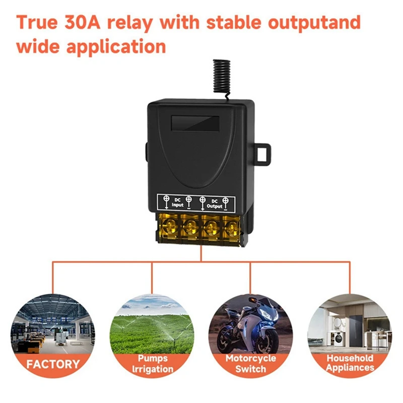 Wireless Remote Control Switch 433Mhz DC8-80V 30A RF Relay Receiver For Motorcycles Appliances Irrigation Systems