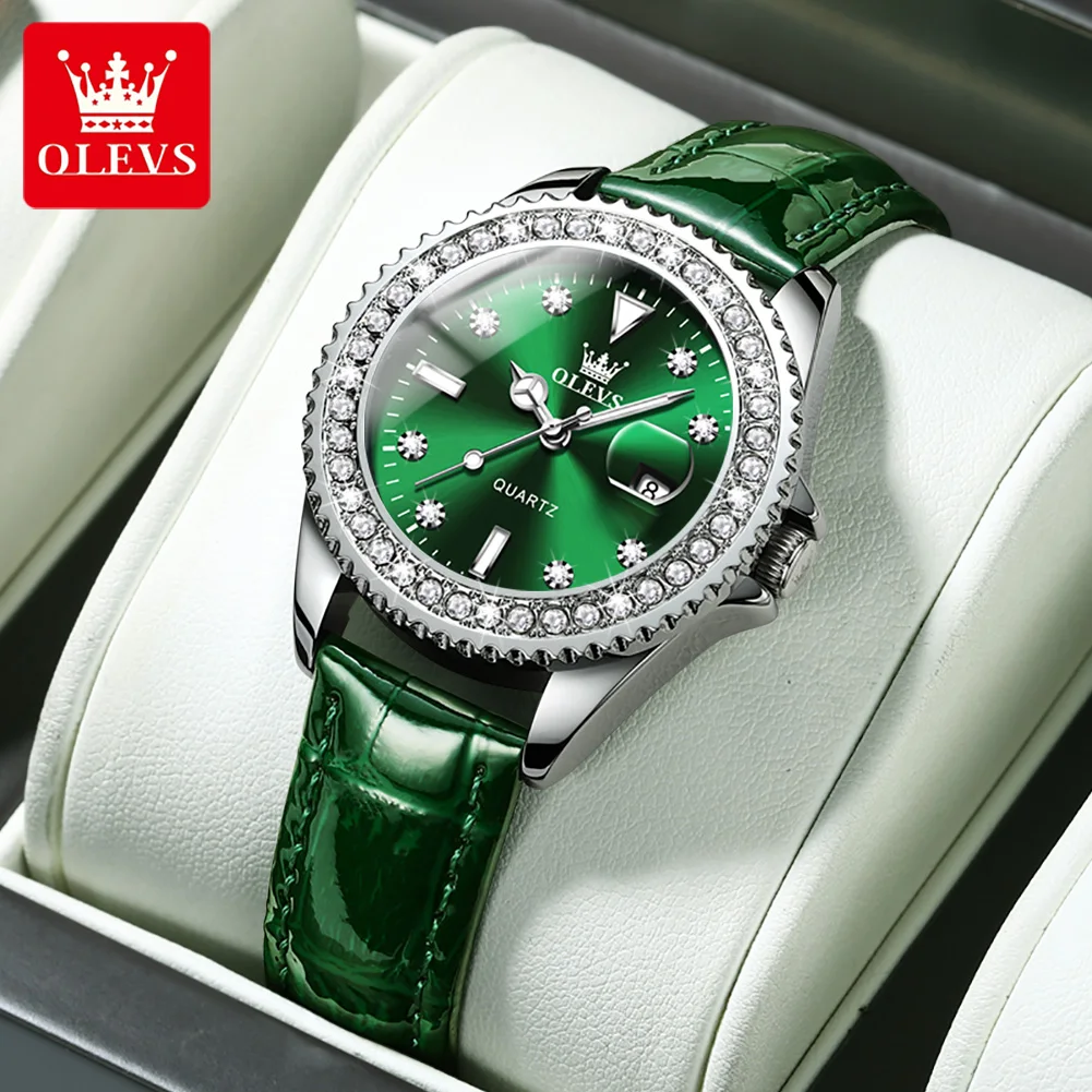 OLEVS Couple Watches Luxury Original Quartz Men and Women Green Wristwatch Waterproof Luminous Date Week His and Her Sets