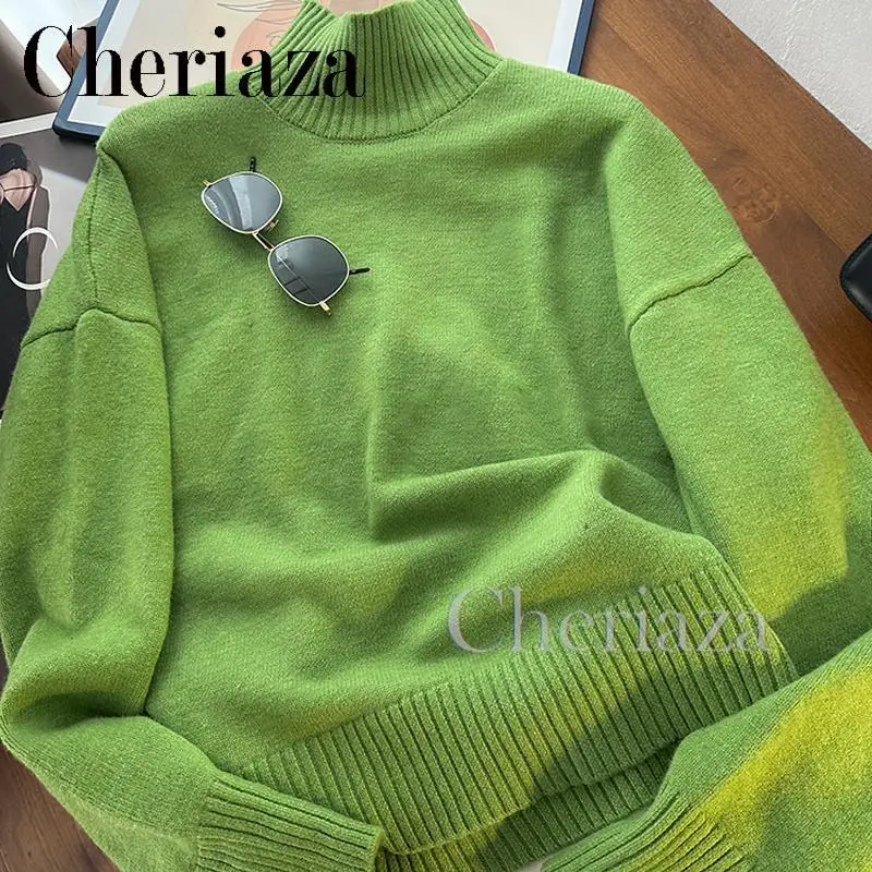 

Cheriaza 2024 Autumn Winter Women New Solid Color Simplicity Half High Collar Long Sleeved Jumper Versatile Knitwear Sweater