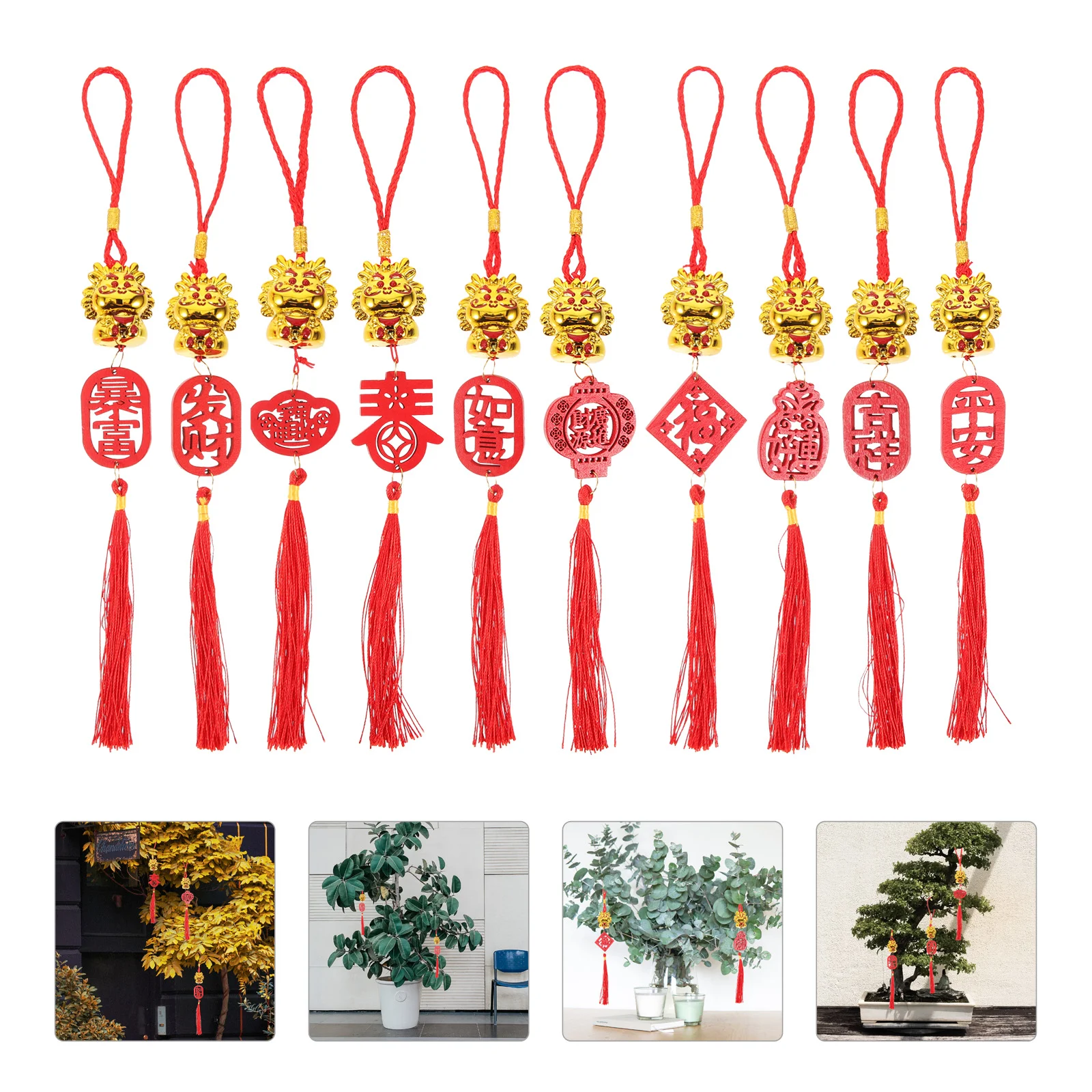 

Chinese Dragon Spring Festival Pendants Flowerpot Bonsai Hanging Ornaments Red Tassel Car Interior Decoration