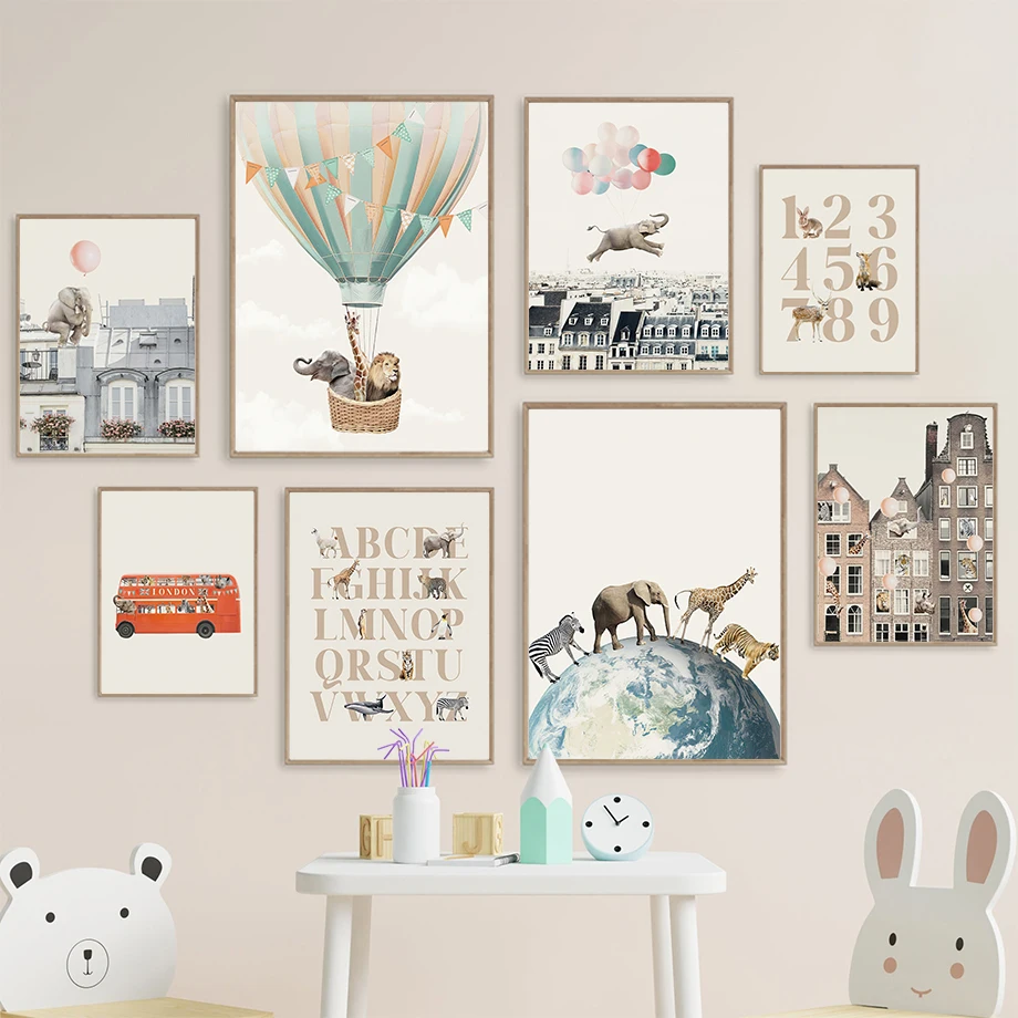 Планеты слон Лев Жираф воздушный шар настенный художественный холст картина