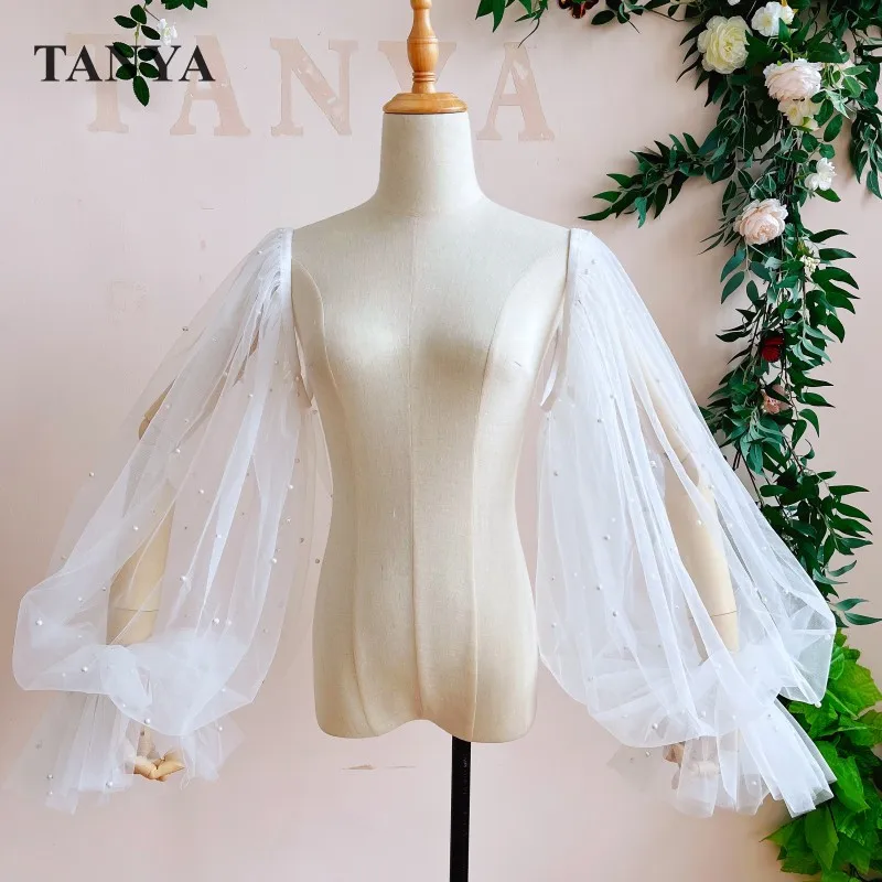 

White Tulle Long Detachable Sleeves With Pearls For Wedding Puffy Ruffles Bohemian New Fashion Bridal Accessories Customize