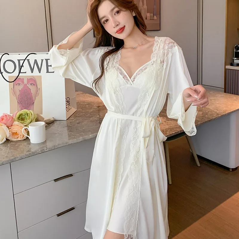 

New sexy ice silk pajamas with breast pads women's two-piece set of sweet lace suspender nightdress Nightgown