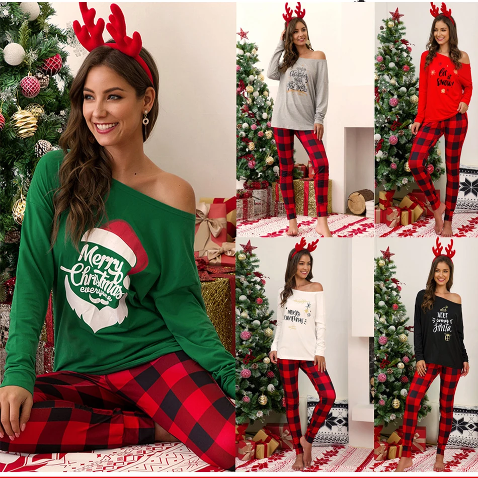 

Женская рождественская Пижама размера плюс, пижамный комплект с буквенным принтом, Новогодняя одежда для сна, Сексуальная футболка с косым ...