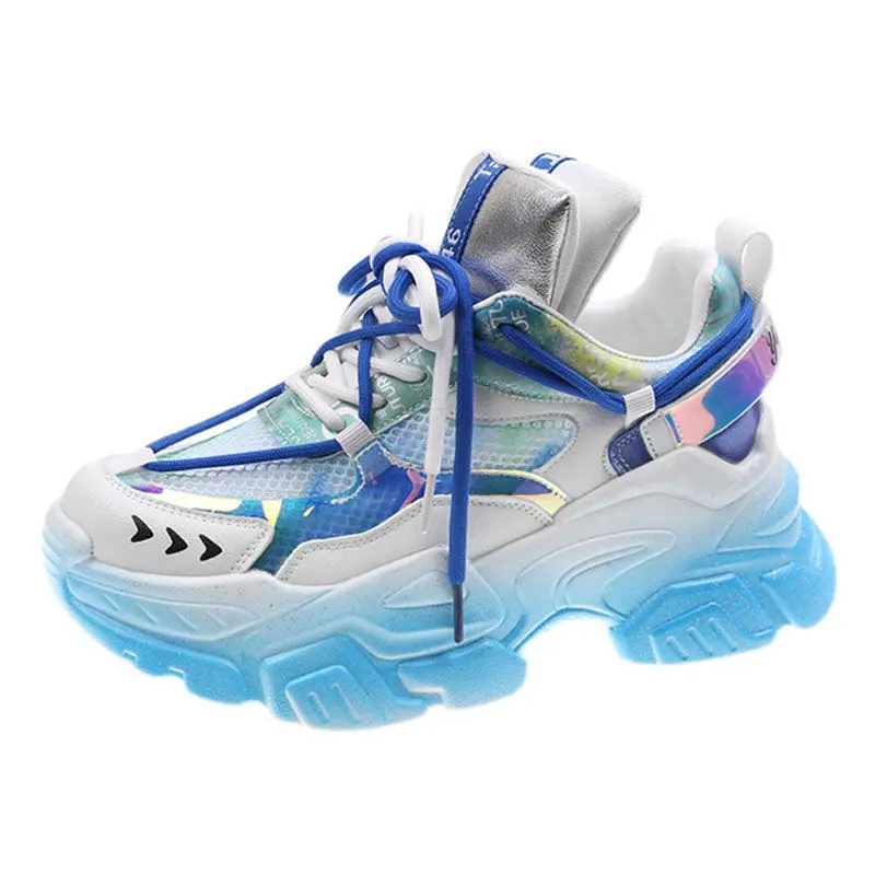 

Summer New Daddy Shoes Air Mesh Women Sneakers Hollow Breathable Colorful Laser Chunky Sneakers Platform Shoes Zapatillas Mujer