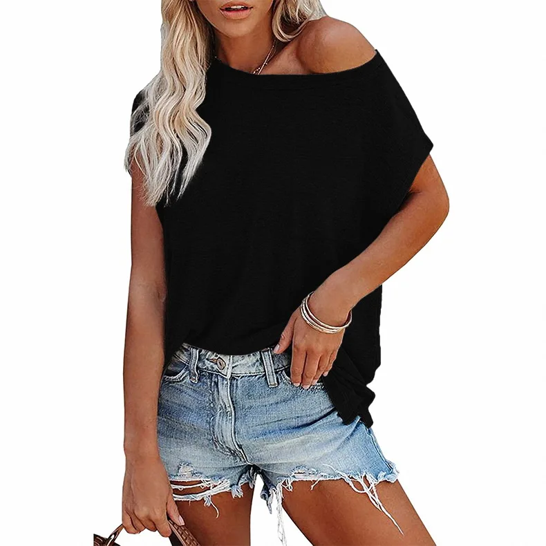 Women'S T-Shirt 2023 Summer New Tops Solid Color Pocket Strapless Round Neck Short-Sleeved Ladies T-Shirt