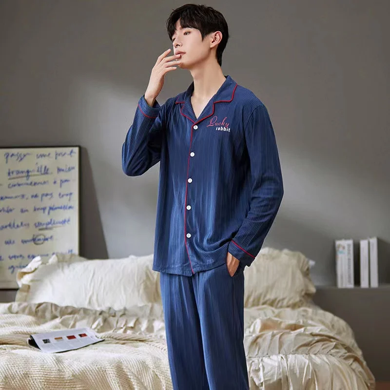 Men's Pajama Sets Spring Autumn Turn-Down Collar Loose Leisure Sleepwear 2 Pieces /Sets Home Clothes Long Sleeve Top +Pants Pyja