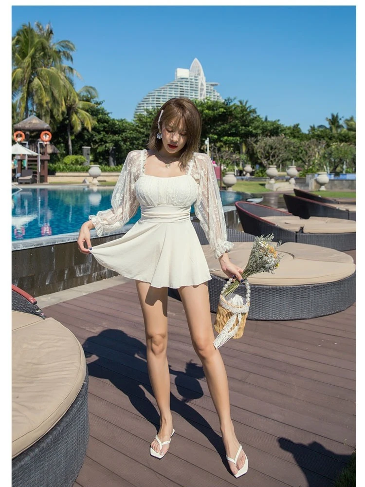 

Женский слитный купальник, боксерская юбка, консервативный облегающий кружевной купальник в Корейском стиле, новинка 2022, купальник с длинн...