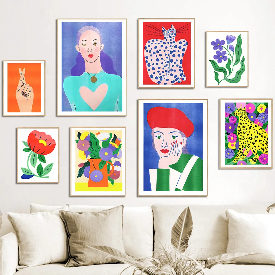 

Настенная картина с изображением кролика, леопарда, кошки, цветов, листьев, скандинавские постеры и принты для декора гостиной