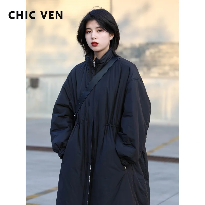Enlarge CHIC VEN Women's Parkas Korean Loose Coat Stand Collar Waist Long Warm Cotton Jacket for Women Winter Overcoat Office Lady Tops